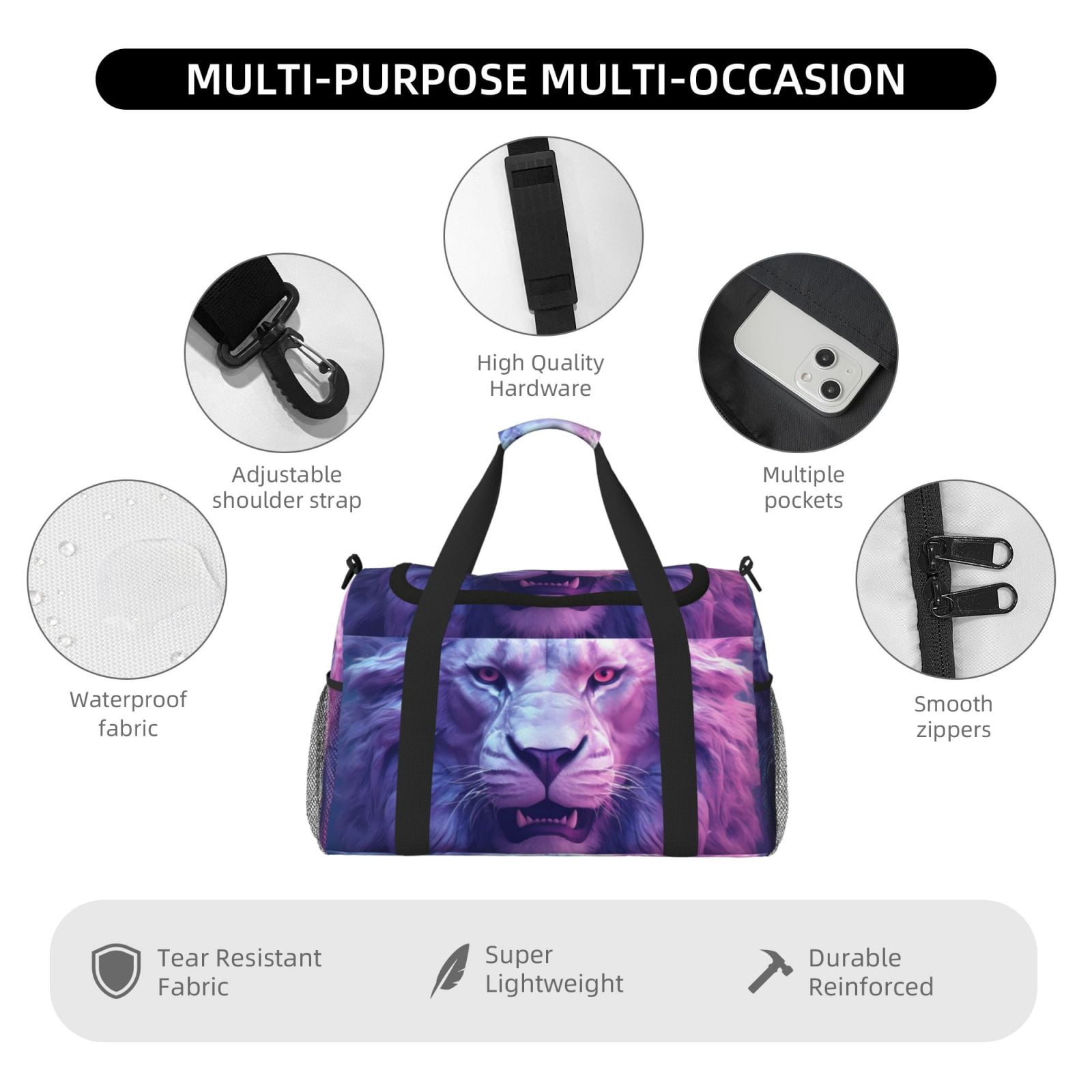 Fuzoiu Cool Lion Head Print Travel Duffle Bag,Carry On Tote Bags,Duffel Bag,Sport Gym Bag, Hospital Bag for Labor and Delivery, Overnight Bag,Luggage Bag