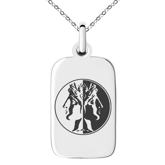 Tioneer Stainless Steel Janus Greek God of Beginnings Engraved Small Rectangle Dog Tag Charm Pendant Necklace