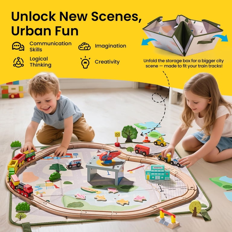 Tiny Land 110-Piece Wooden Train Set with Storage Box and City