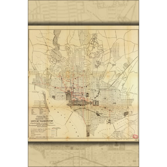 24"x36" Gallery Poster, map of washington d.c. underground cables 1892