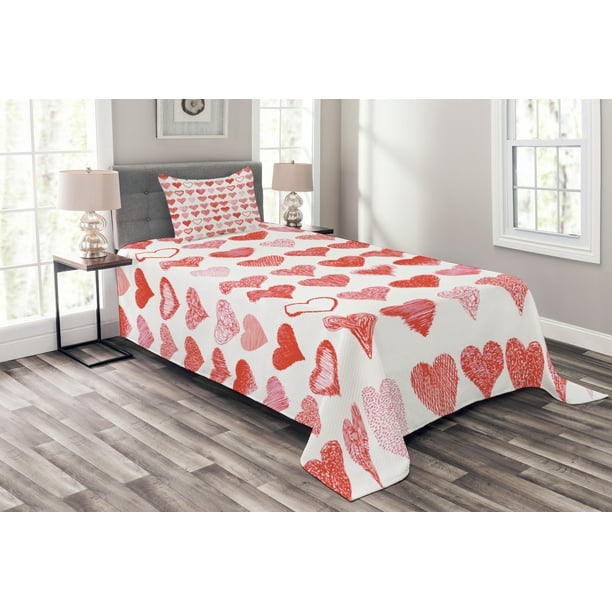 Valentines Day Bedspread Set, Heart Symbols of Love and Romance Hand Drawn Style Romantic Art