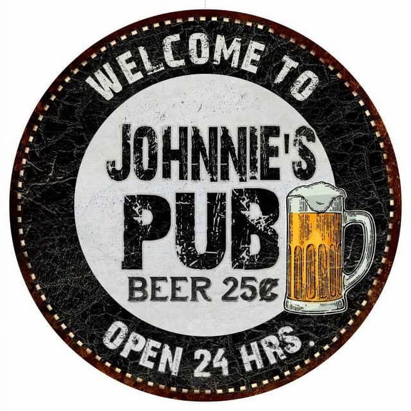 Johnnie's Pub 12" Round Metal Sign Beer Bar Black Wall Décor Gift 200120039413