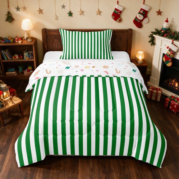 Manfei Stripe Twin Comforter Sets Holiday Bedding Set, Red White 2pcs 1 Comforter and 1 Pillowcase, Xmas Reversible