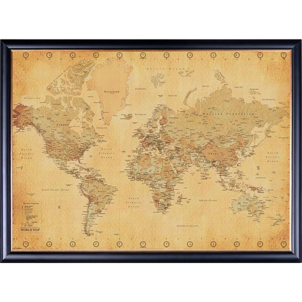FRAMED Vintage World Map 24x36 Dry Mounted in Executive Series Black
