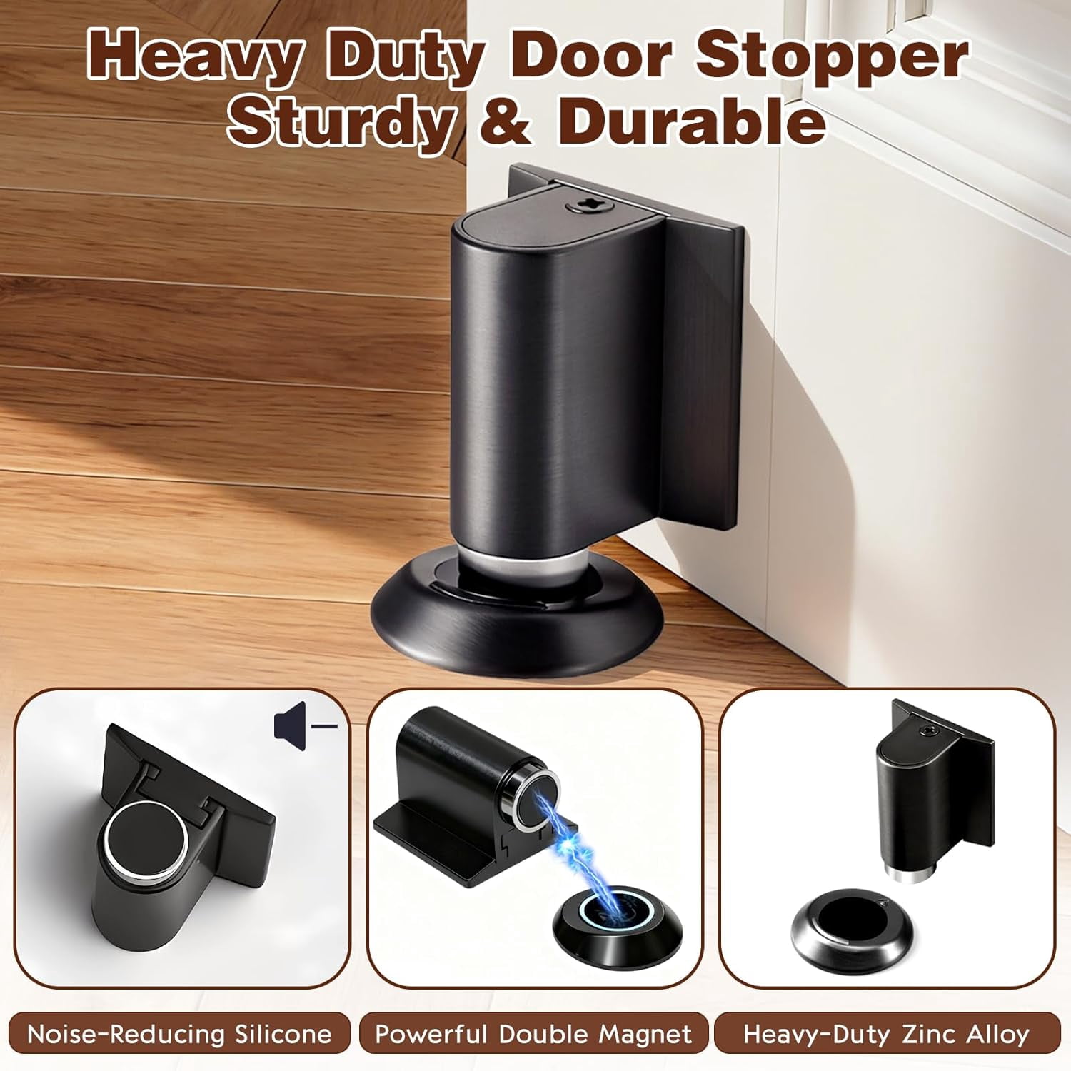 JJEAN-Magnetic Door Stoppers for Bottom of Door Holder 1 Pack Heavy Duty Magnetic Door Catch Holder to Keep Door Open with Screws and Adhesive No Drilling Magnet Mount Floor Door Stop