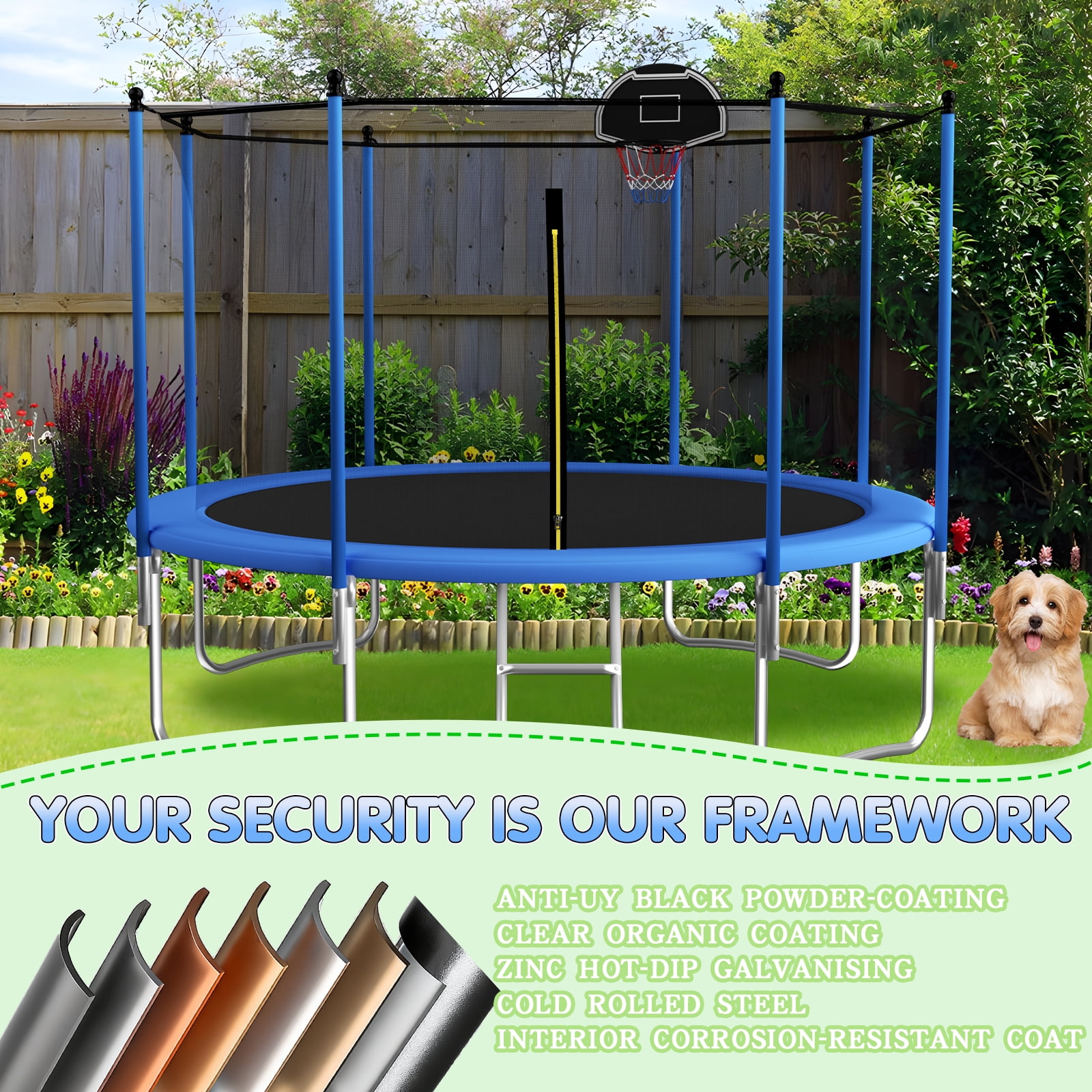 SENCHO GINSYTALIOR 10FT Outdoor Trampoline for Kids and Adults, Backyard Trampoline with Basketball Hoop , Enclosure Net and Ladder, Heavy Duty Trampoline Capacity for 2-6 Kids(10FT,Blue）