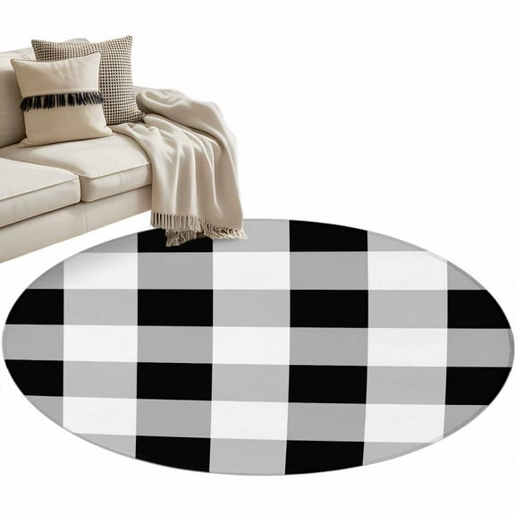 Black White Plaid Round Area Rug 4 FT, Non Slip Indoor Outdoor Rug, Spring Farmhouse Buffalo Checkered Washable Soft Circular Carpet Non-Shedding Floor Mat for Coffee Table Nursery Foyer Balcony