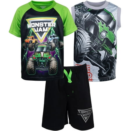 

Monster Jam Toddler Boys 3 Piece Outfit Set: T-Shirt Tank Top French Terry Shorts 4T