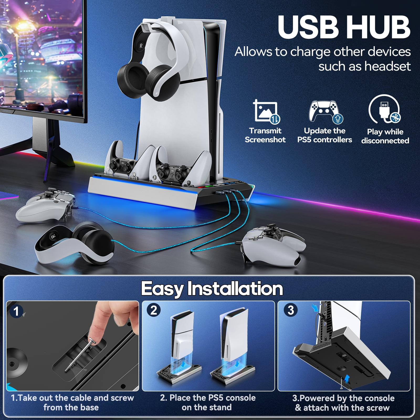 Tokluck PS5 Stand Vertical for PS5 Slim/PlayStation 5, Automatic 3-Level Adjustable Cooling Fans, Dual Controller Charger for Dualsense & Edge Controller, PlayStation 5 Accessories