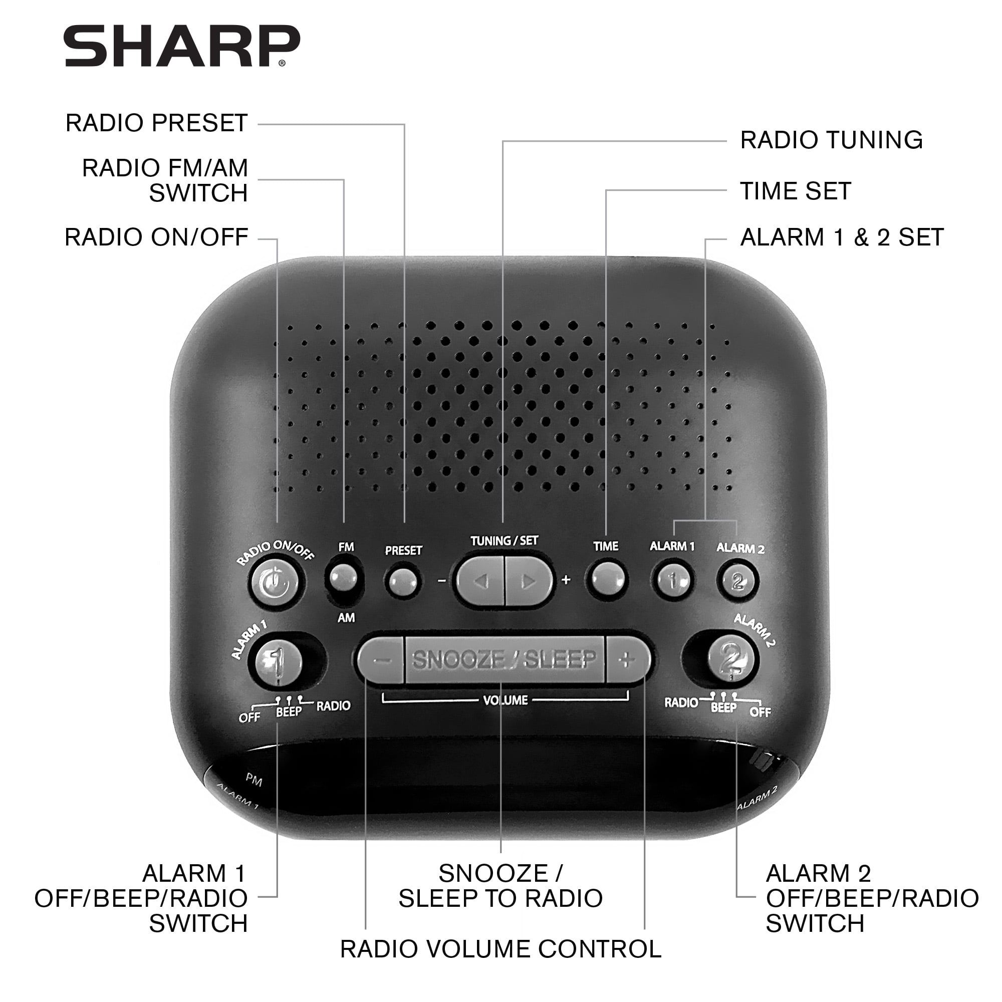 SHARP AM/FM Clock Radio, Wake to Alarm or Radio, Dual Alarms, LED Green Display