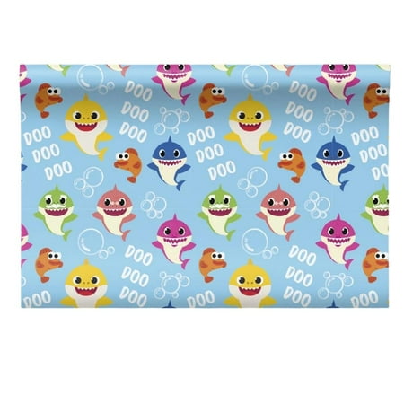 Baby Shark Cartoon Birthday Christmas Holiday All Occasion Gift Wrapping Paper Party Favors Supplies Set of 4 (80 sq ft Total) & Custom Storage Carrier