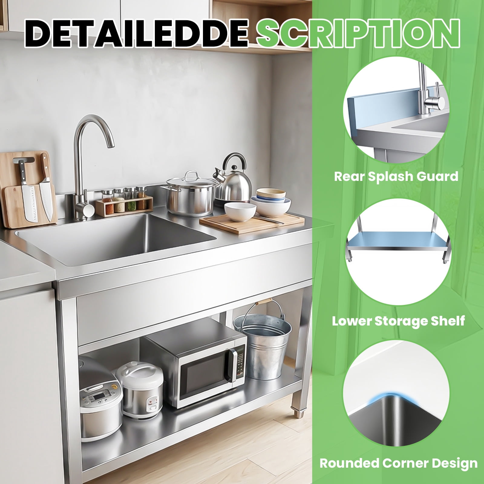 Washing Hand Basin, Stainless Steel Sink, Single Bowl Kitchen Utility Sink, Laundry Sink with Workbench Anti-Fingerprint Easy to Clean for Home and Commercial Laundry