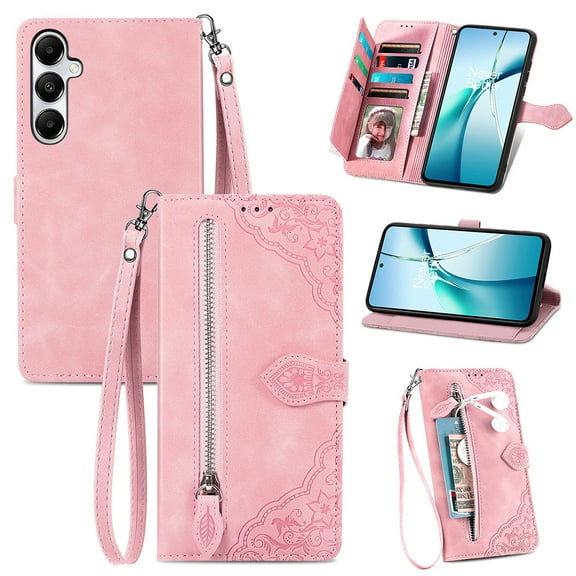 Phone Case for Samsung Galaxy S25, Shockproof PU Leather Wallet Case with Card Slots Anti-Scratch Stand Magnetic Flip Zipper Pocket Cover for Samsung Galaxy S25, Pink