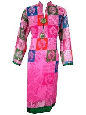 Mogul Woman's Pink Long Kurta Tunic Georgette Printed Dress M