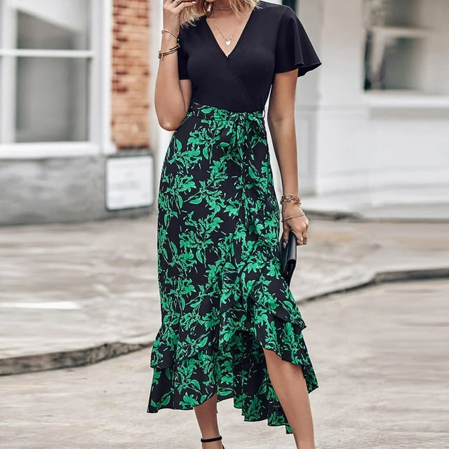 Robes pour Femmes 2024 Été Surdimensionnée pour Manches Courtes Col en V Boho Imprimé Floral Ceinture Taille Haute Basse à Volants Robe Maxi Cocktail 50 % de Réduction!
