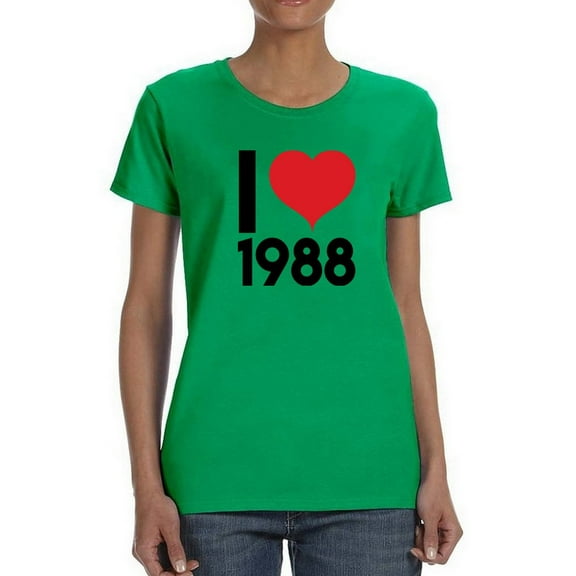 "I Love 1988" Medium Front Quote With Heart Graphic Women Kelly Green T-Shirt, Female x-Large