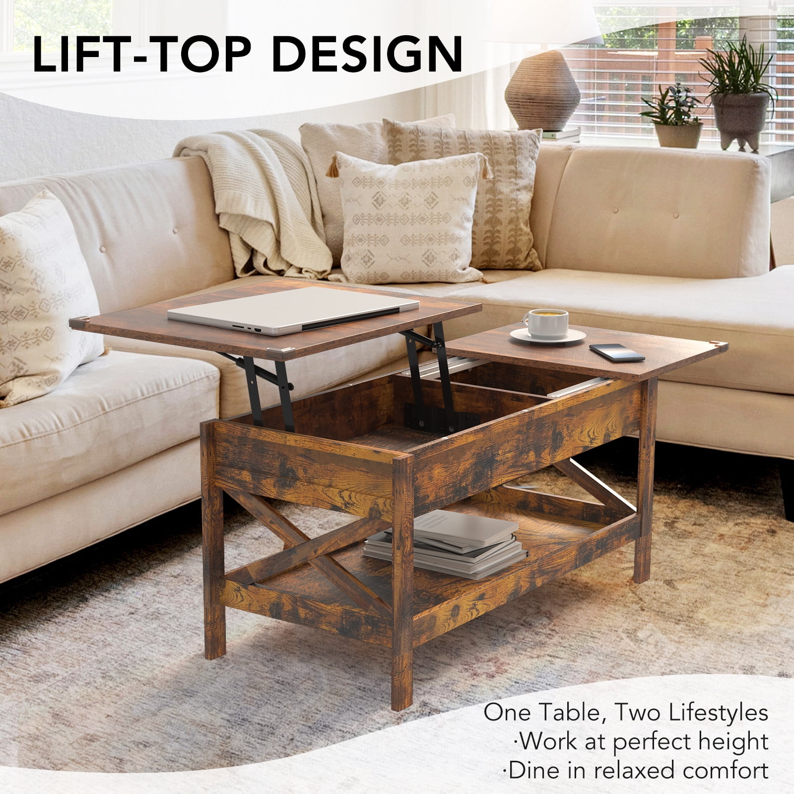 Nalone Coffee Table Lift Top Dining Table with Shelf, Center Table Adjustable Height Tea Tables Wooden Center Tables with Hidden Compartments for Living Room Apartments(Rustic Brown)