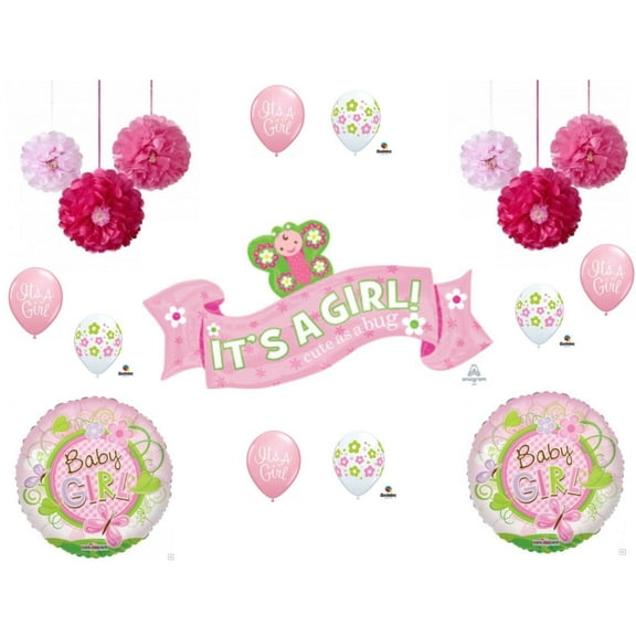 Cute As A Bug Baby Girl Shower Balloons AND Tissue Flowers Decoration Supplies