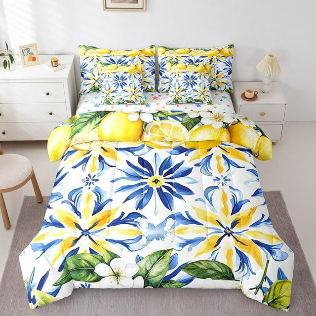 Erosebridal Teen Lemon Bedding Queen Size,Blue Yellow Comforter Sets with Sheets,Flower Decoration,Reversible,Ultra Soft,7 Pieces