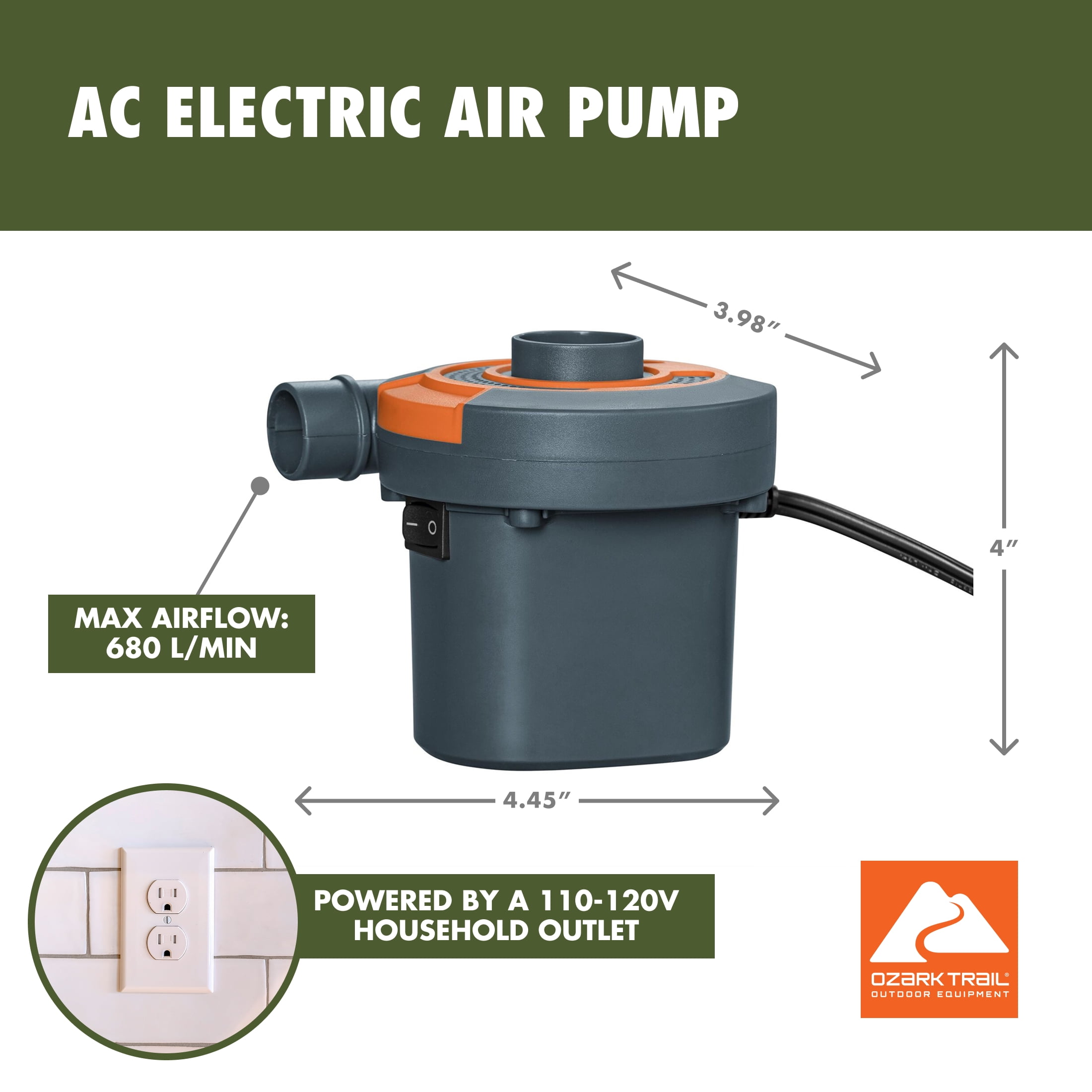 Ozark Trail Sidewinder 4" High AC Electric Air Pump, Grey and Orange