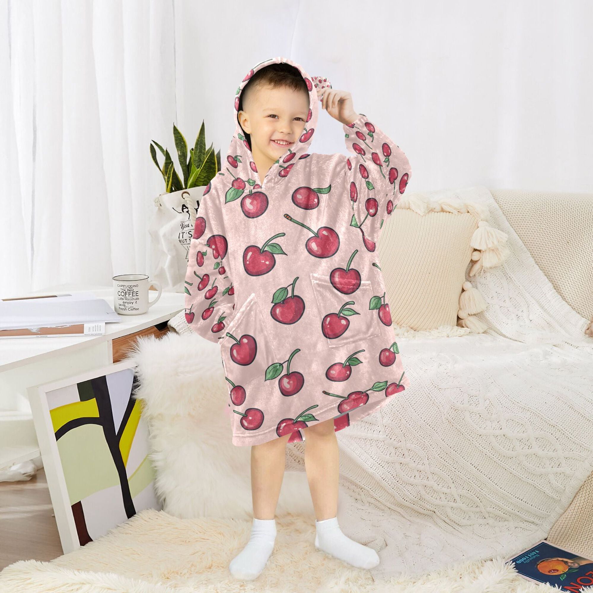 FORMRS Wearable Blanket Hoodie with Sleeves for Kids Cozy Flannel Sweatshirt, Cherries Pattern
