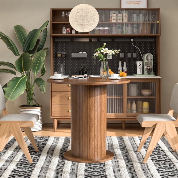 Modern Farmhouse Round Dining Table, Wood Kitchen Table for 2, Small Circle Dining Tables, Walnut