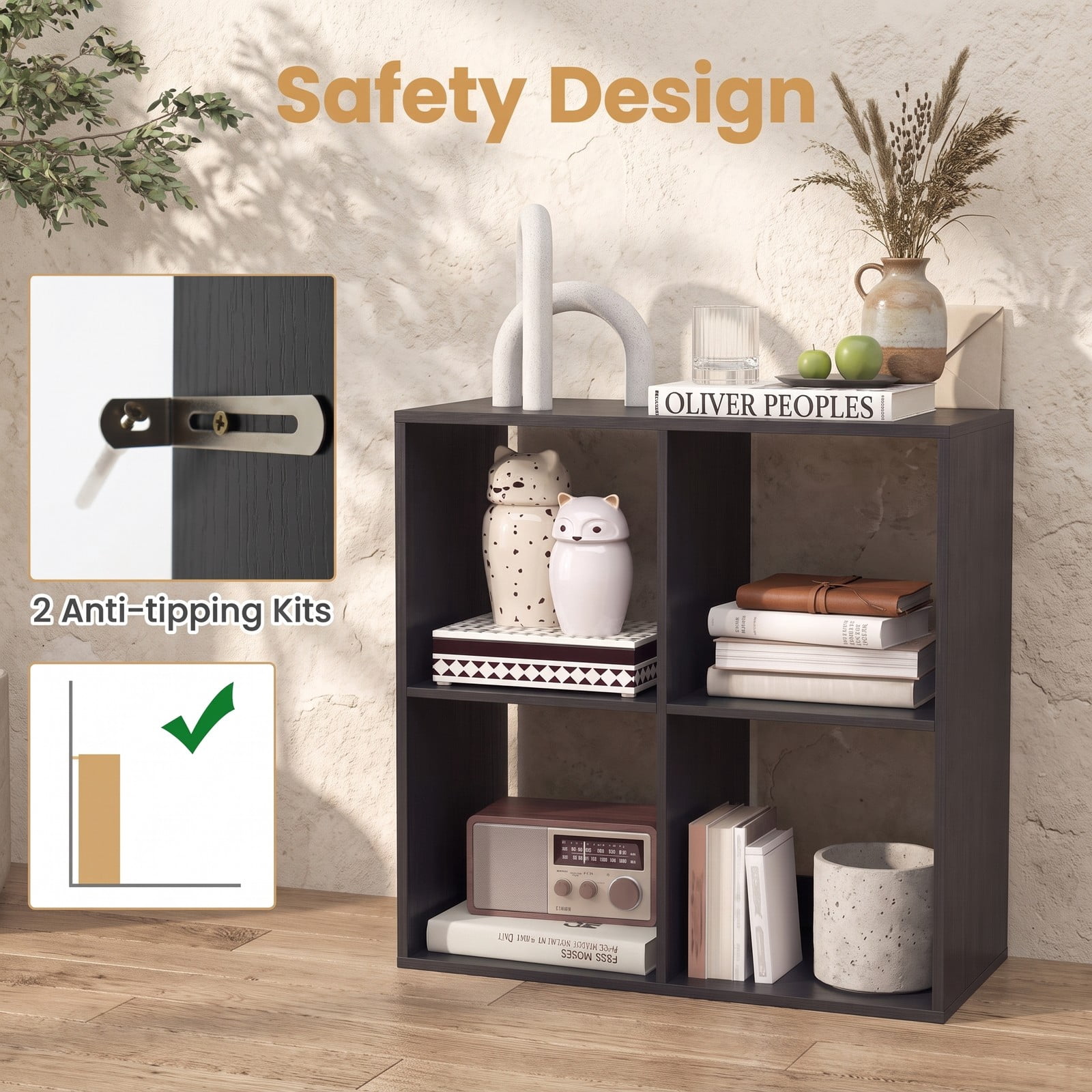 Furnibear 4 Cube Bookshelf, Wood Cube Storage Organizer Bookcase with Back Guardrail and Anti-Tip Kit for Living Room Bedroom Home Office, Black