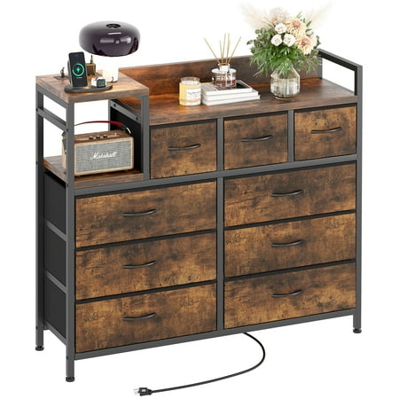 Huloretions Dresser With Charging Station Dresser with 9 Drawers TV Stand Dresser For Bedroom Wide Dresser with Shelf for Storage and Organization