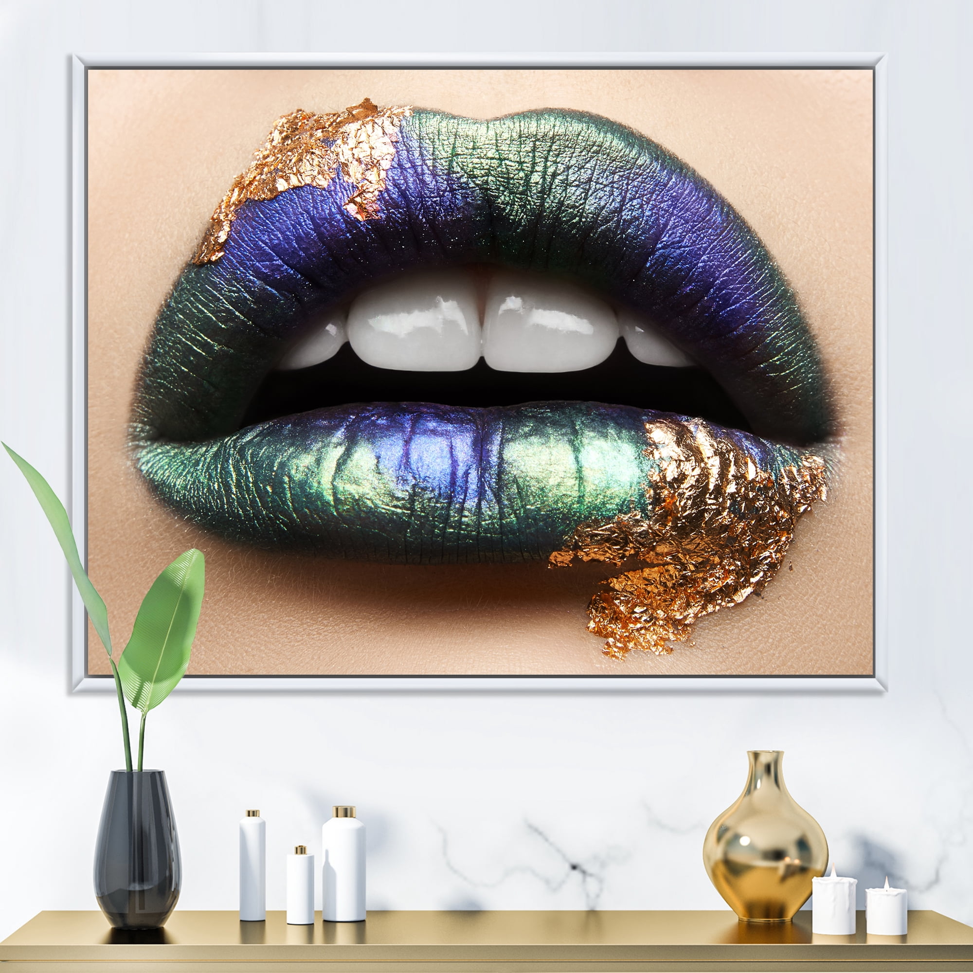 Woman Lips With Green Lipstick & Teeth 32 in x 24 in Framed Photography Canvas Art Print, by Designart