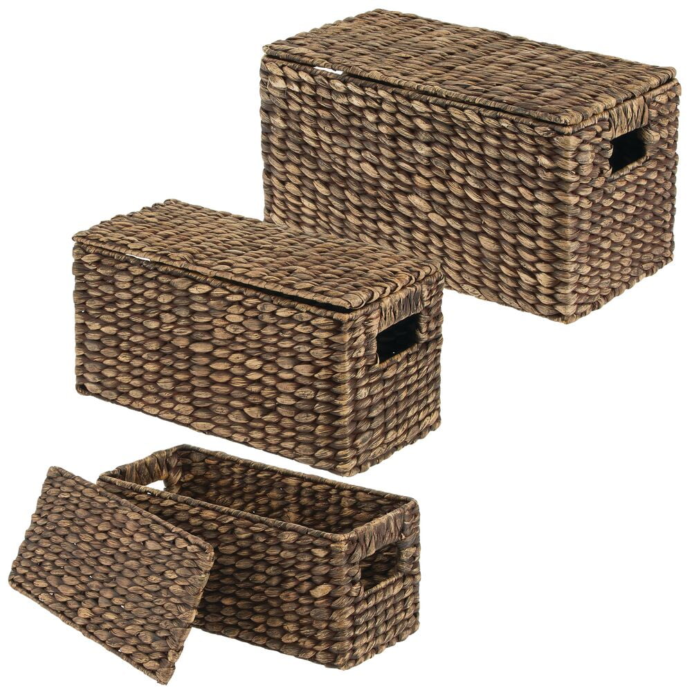 mDesign Woven Hyacinth Home Storage Basket with Lid, Set of 3 White