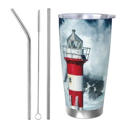

KLL Circular Lighthouse Print 40oz Stainless Steel Insulated Car Cup with Spillproof Lid - Keep Your Drink Hot or Cold on the Go-Straw Three-piece Set