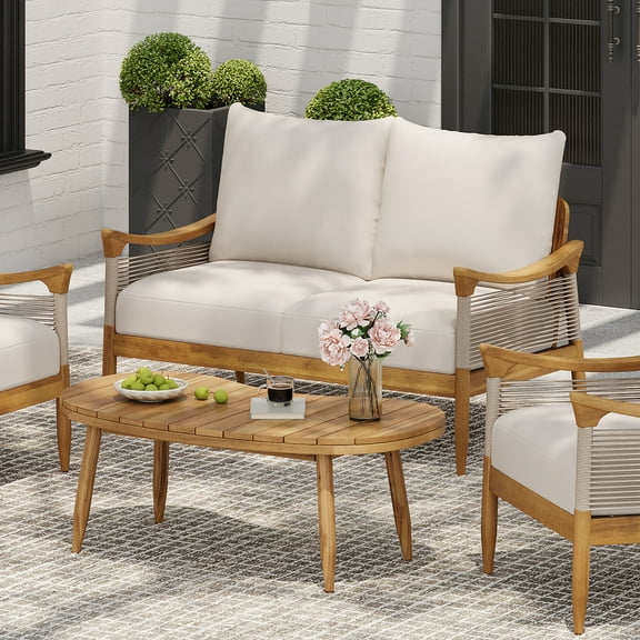 Christopher Knight Home Modern 2 Piece Patio Loveseat Coffee Table Set with Cushion, Solid Wood, Teak  Beige