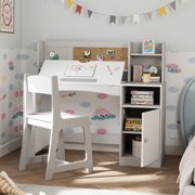 Reasea Kids Study Desk and Chair Set with Tiltable Desktop, Hutch & Storage - Wooden Writing Table for Ages 5-12, Grey