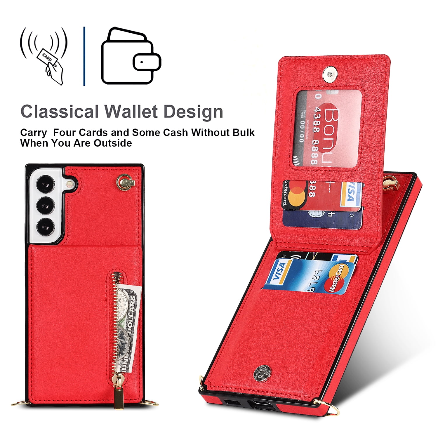 Dteck Flip Leather Wallet Case for Samsung Galaxy S24 Plus, Crossbody Wallet Case with Credit Card Holder Zipper Pocket Lanyard Shoulder Strap, Kickstand Phone Cover for Samsung S24 Plus,Red