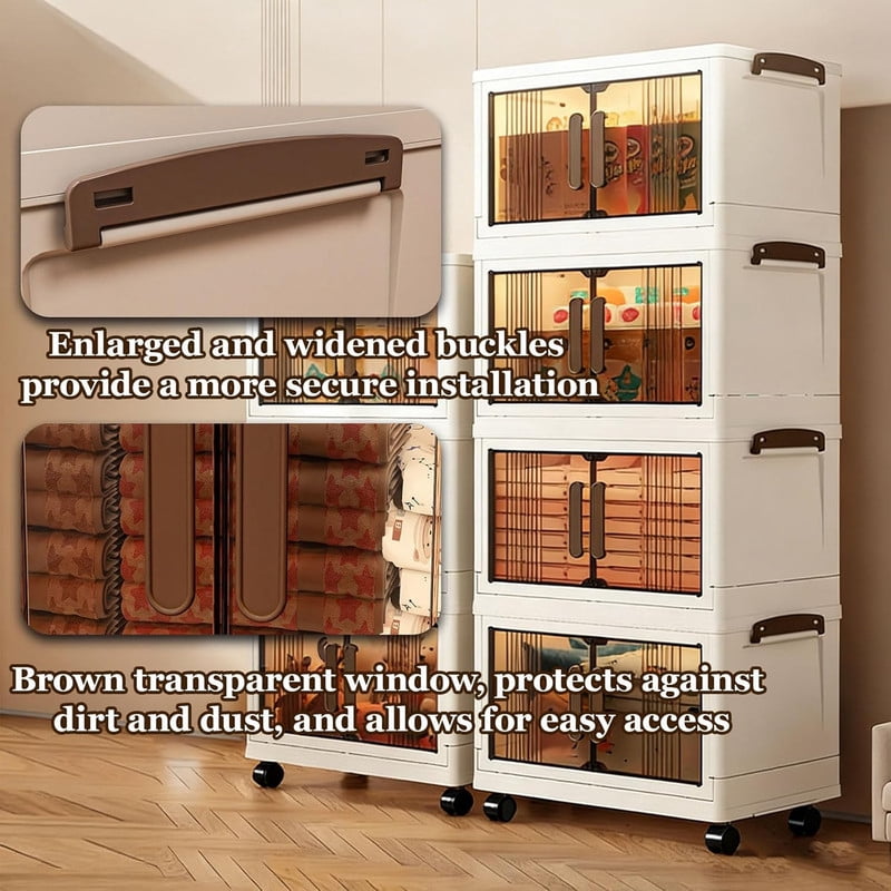 3-Tier Stackable Storage Bins with Lids, Collapsible Rolling Closet Organizer with Wheels, Plastic Storage Cabinet Closet Organizer for Bedroom Living Room