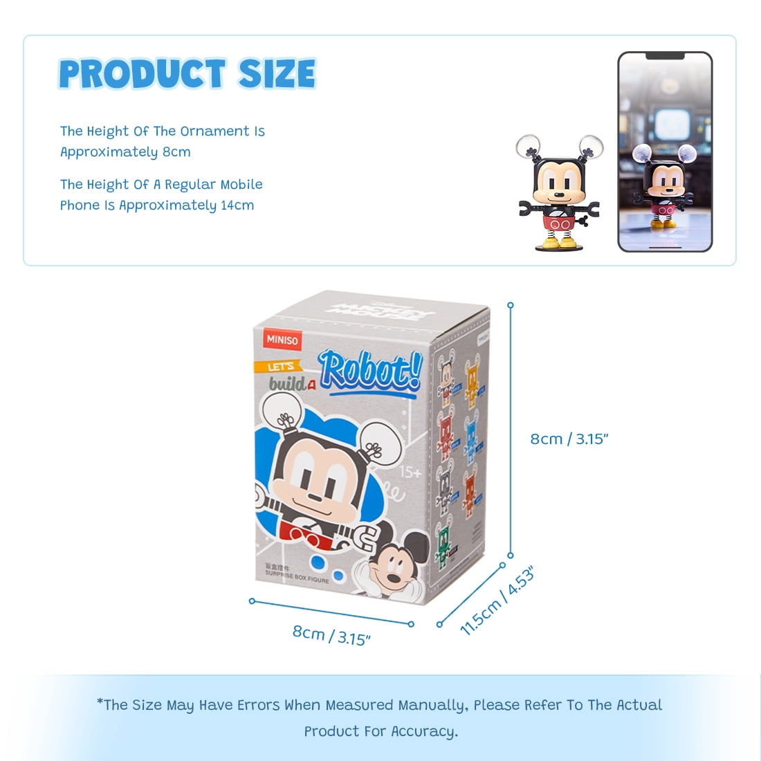 Miniso Disney Mickey Collection Robot Surprise Box Figure - Blind Box Toy with 7 Styles (Including 1 Random Mystery Design), Sci-Fi Tool-Holding Robot Mickey Mini Figure for Collectors & Gifts