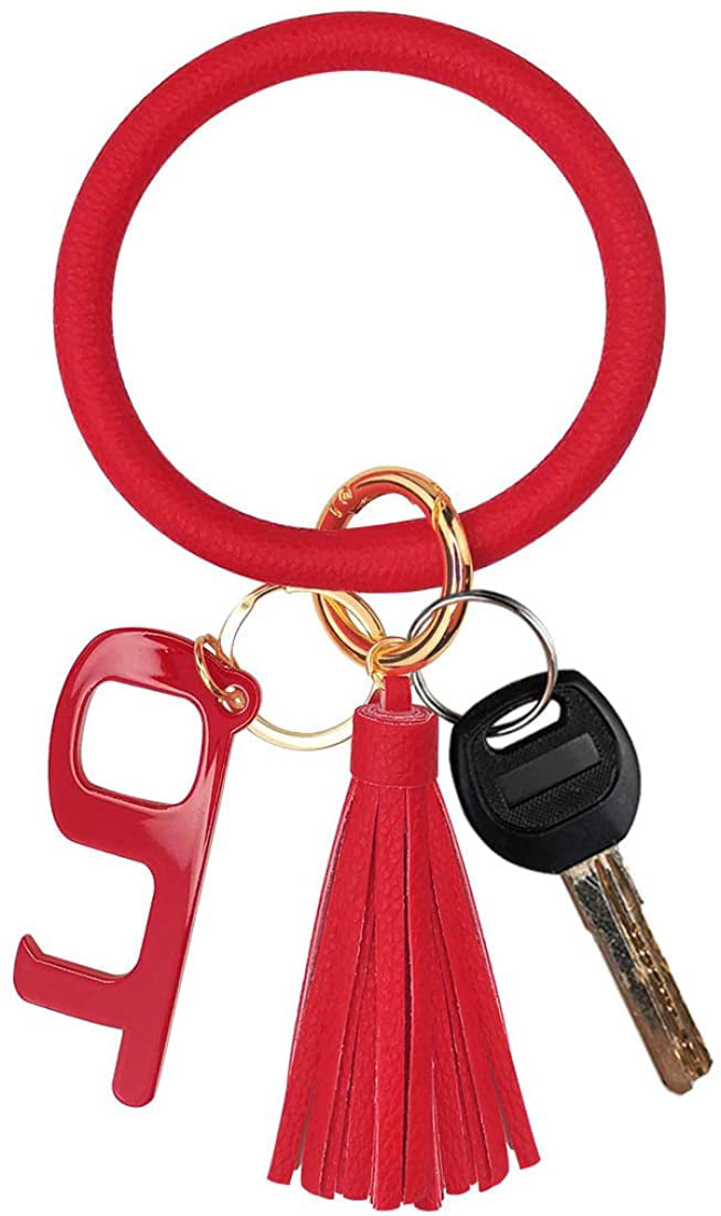 Tassel Ring Circle Key Ring Keychain Wristlet with No Touch Key Door Opener Leather Bracelet Key Ring Bangle Keyring 