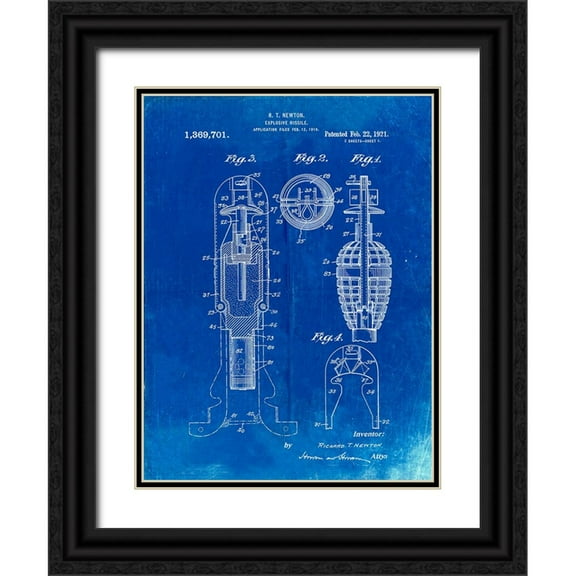 Borders, Cole 12x14 Black Ornate Wood Framed with Double Matting Museum Art Print Titled - PP12-Faded Blueprint Explosive Missile Patent Poster