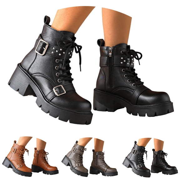 Dakaela Women's Combat Ankle Boots Low Chunky Heel Wedge Heeled Booties Lace up Motor Riding Dress Shoes