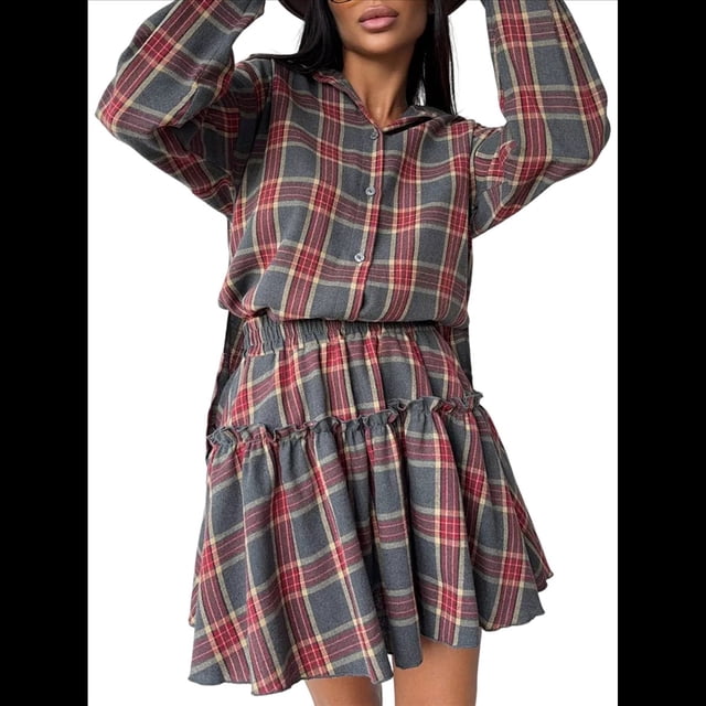 Conjunto de 2 Piezas de Cuadros para Mujer, Blusa de Larga con Falda, Cintura Alta, Informal, para Otoño e Invierno Rojo L