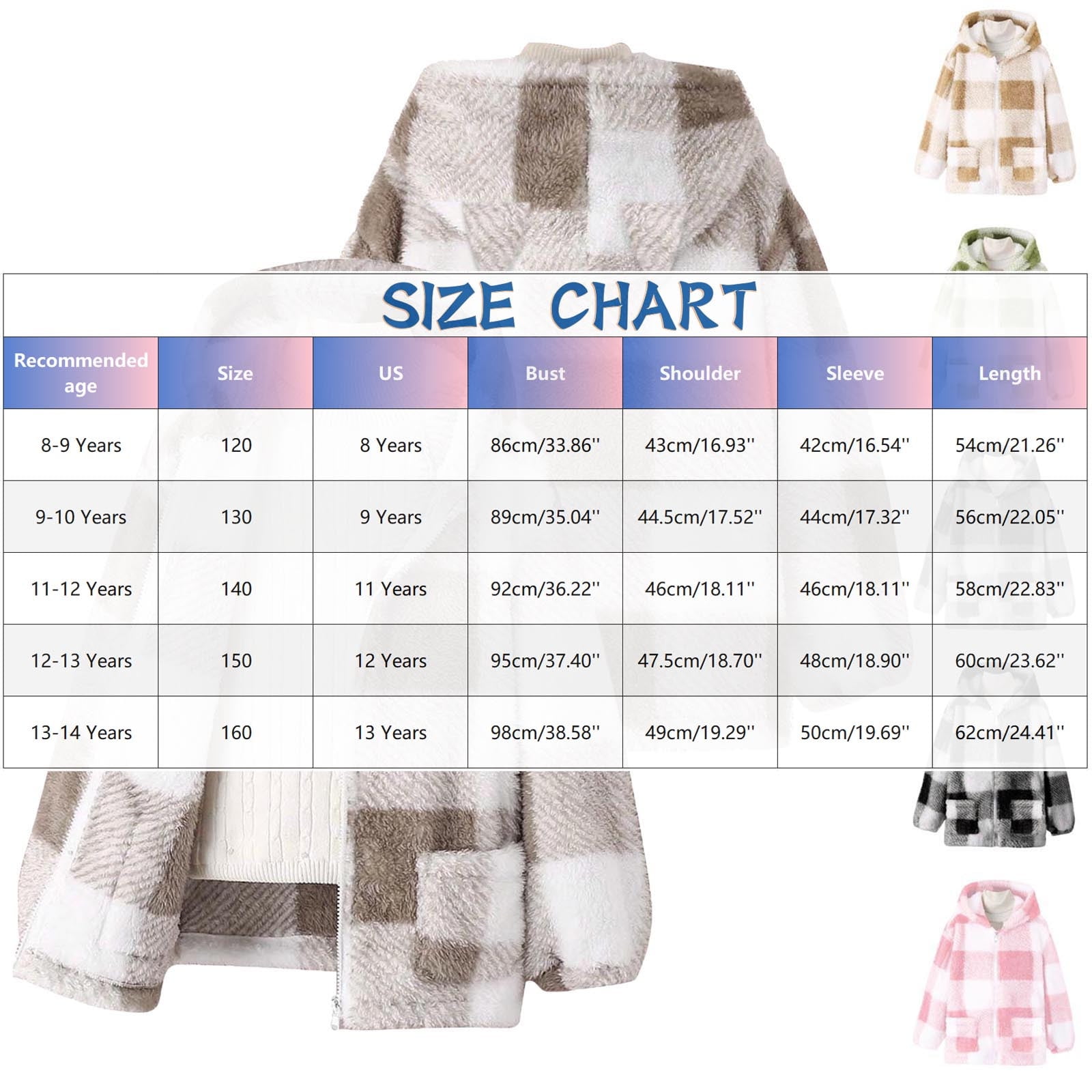 Xdegoge Girls Fleece Sherpa Jacket Plaid Fuzzy Zip Up Long Sleeve Hoodie Teen Thermal Loose Cozy Hooded Coats Tween 2025 Winter Thick Warm Outerwear With Pockets Age 8-14 Years