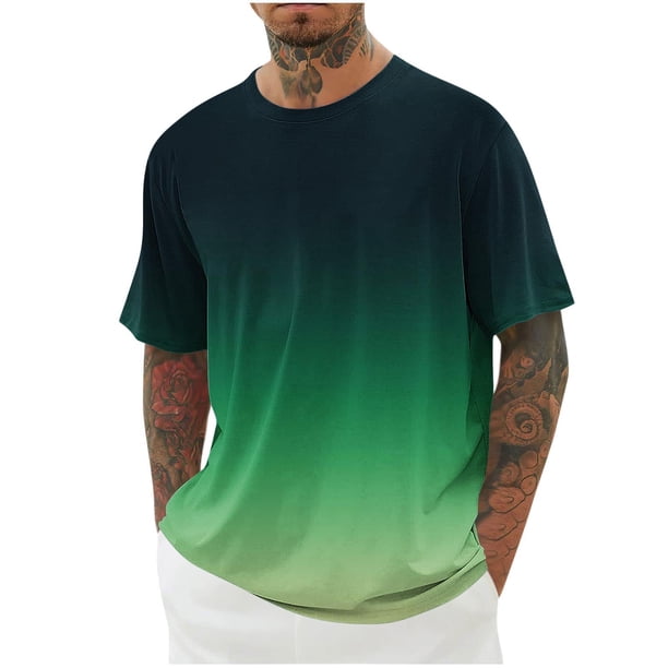 Camisetas de Manga Corta para Hombre, Blusa Casual de Cuello Redondo de Impresión de Gradiente, Camiseta Deportiva de Poliéster de Moda