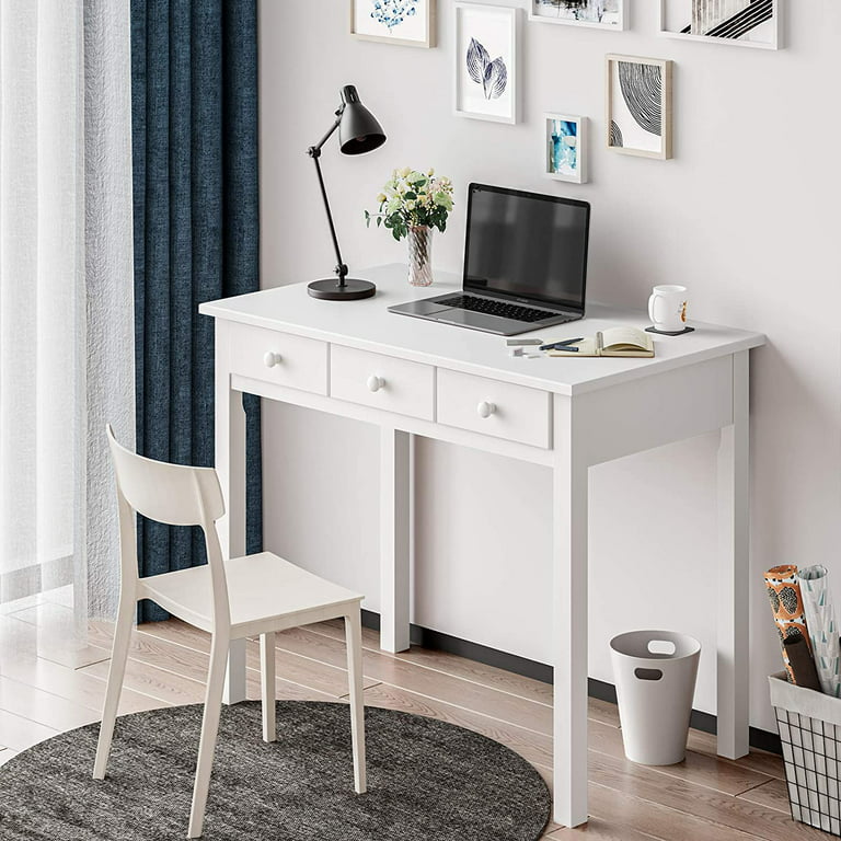 Small White Computer Desk with Drawers for Bedroom Home Office, 40 Inch  Vanity Desk with Storage