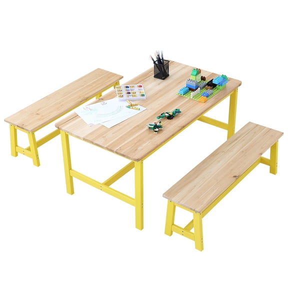 Kids Table and Bench Set 3 Piece Wood Toddler Table and Chair Set for Art Craft Learning Activity Playroom Furniture Set for Kids
