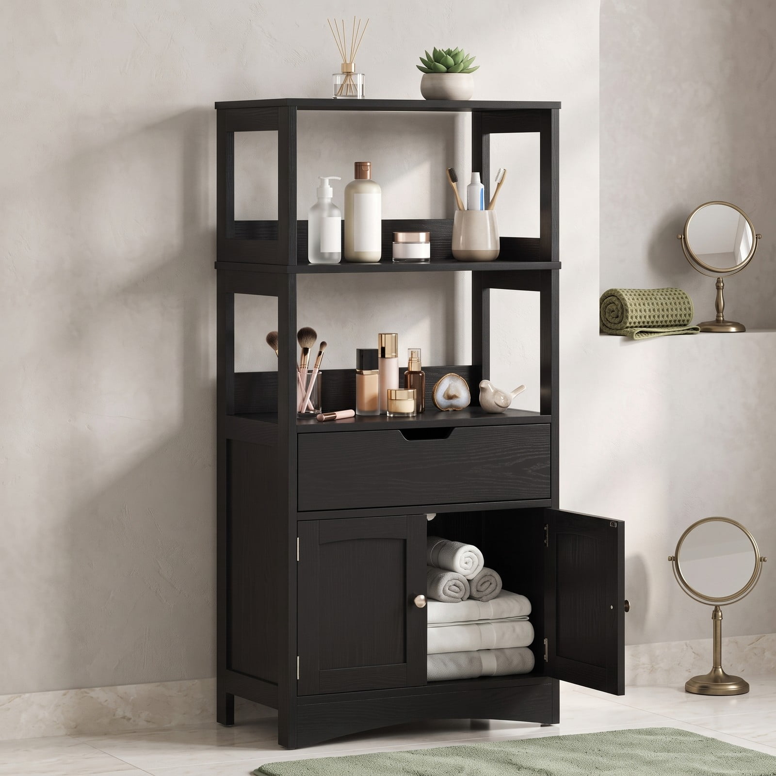 ALPULON Bathroom Storage Cabinet with Drawer and Shelf, Freestanding Floor Cabinet, Waterproof MDF Organizer for Bathroom Bedroom Entryway Living Room, Anti-Tip, Black