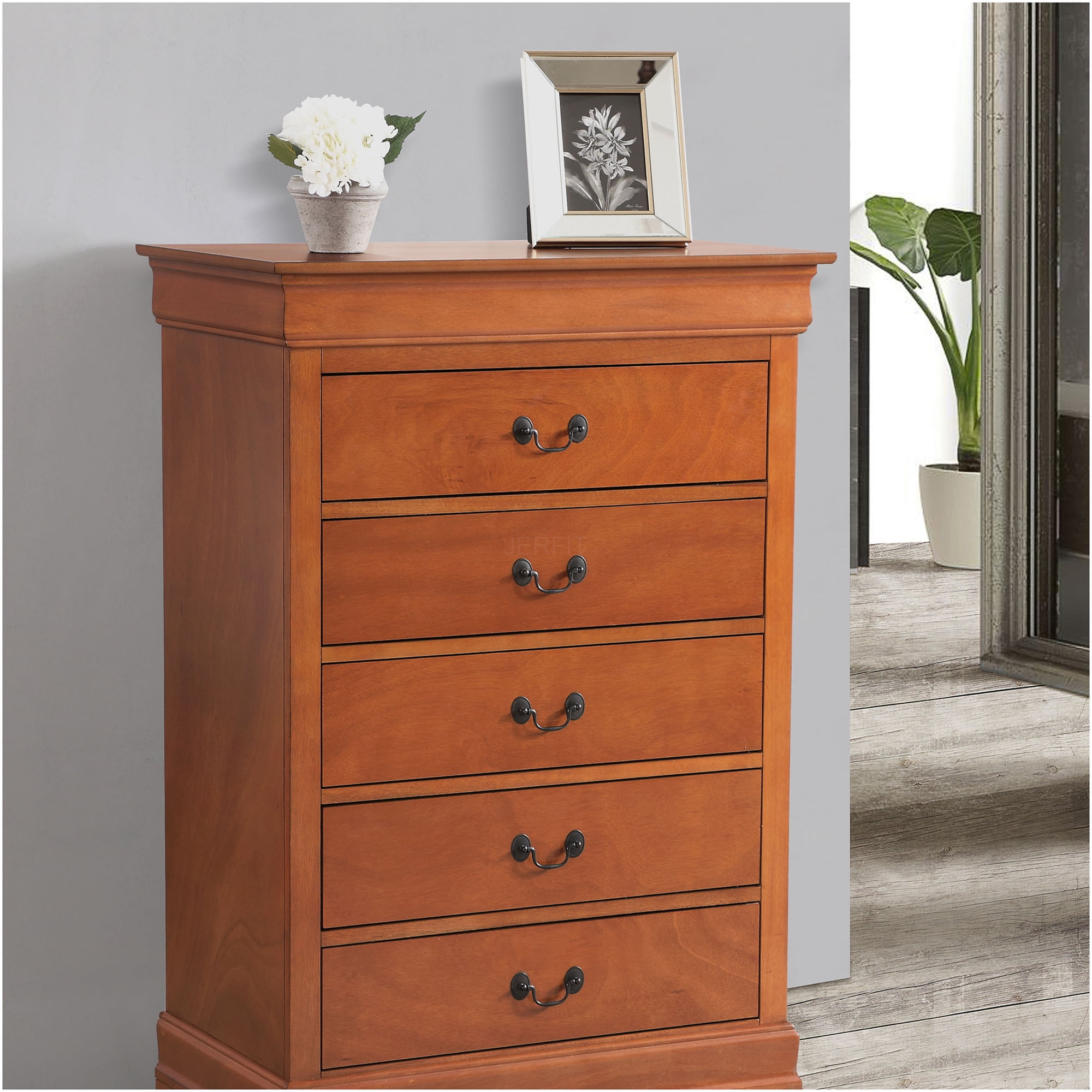 JERFIT Oak Finish 5-Drawer Storage Chest Traditional Bedroom Dresser with Dovetail Drawers Tall Boy Chest of Drawers for Bedroom Living Room & Hallway