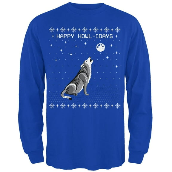 Happy Howl-idays Holidays Wolf Ugly Christmas Sweater Mens Long Sleeve T Shirt Royal 2XL