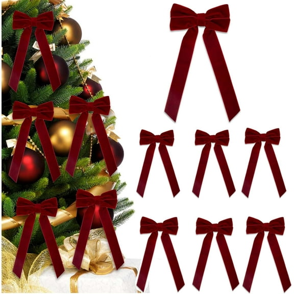Bows for Christmas Tree,7 Pcs Small Red Velvet Ribbon Bows for Tree Topper, Rustic Vintage Holiday Decorations,Gift Wrapping,Boxes,DIY Crafts and Stocking Stuffers (Wine Red,8.5 x 4.1 Inches)