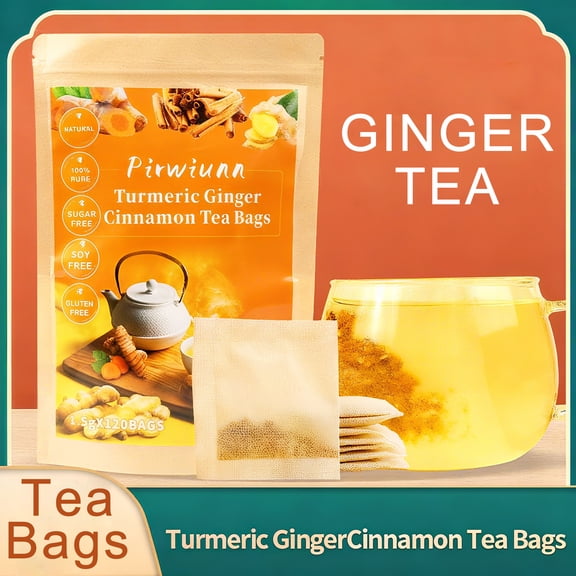 Premium 120 Turmeric Ginger Cinnamon Tea Bags, 100% Natural Ingredients, Hand-made Blend of Ginger and Turmeric Herbal Tea, Eco-conscious Tea Bags. No Sugar, No Caffeine, Vegan.
