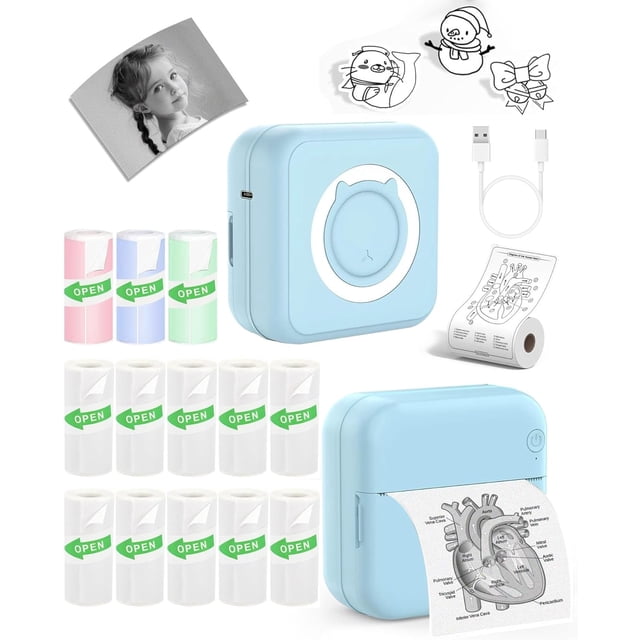 Imprimante d'Autocollants, Pods d'Impression, Mini Imprimante avec Rouleaux de Papiers Autocollants, Machine Portable pour Fabriquer des Autocollants, Machine Thermique pour Étiqueter, Thermanote, Étiqueteuse de Téléphone pour Photos, Images, Notes, Graphiques B